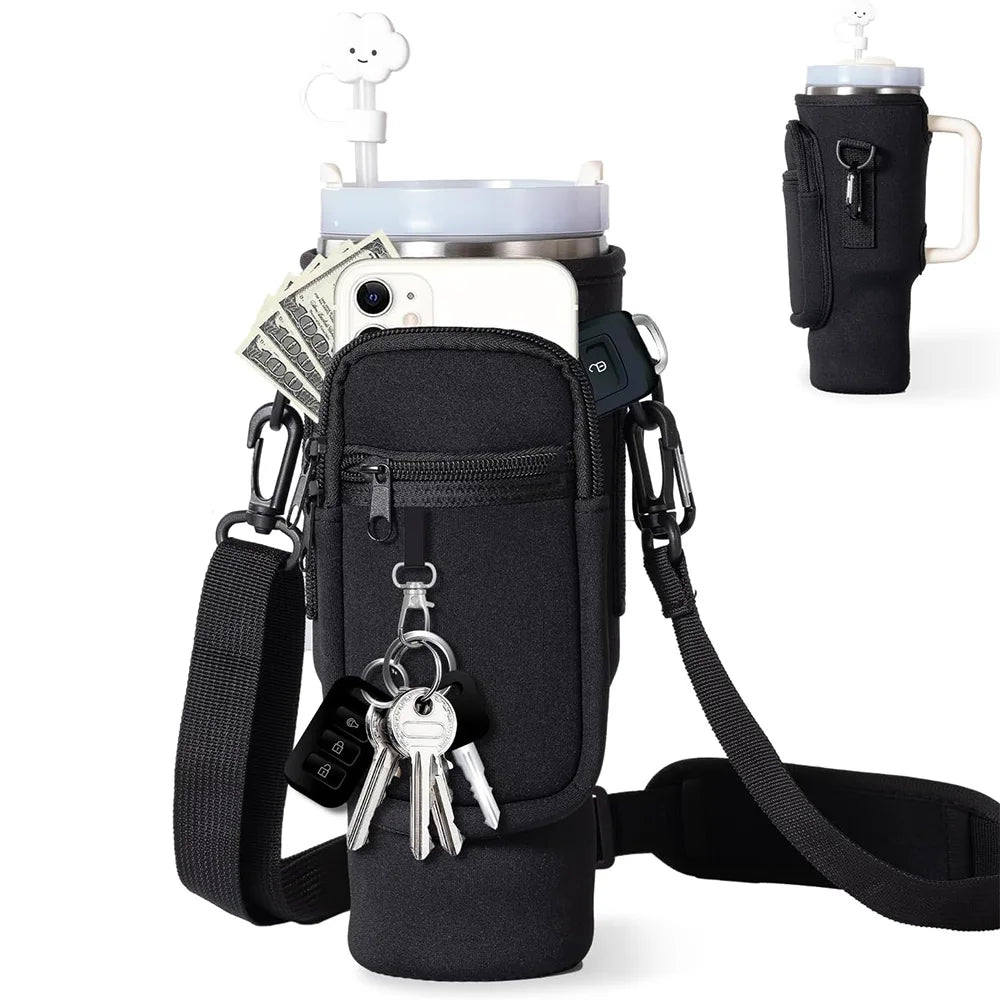 Aiylo Water Bottle Carrier Bag with Phone Pocket for Stanley 40/30 oz Water Bottle Holder Pouch with Straw Cover