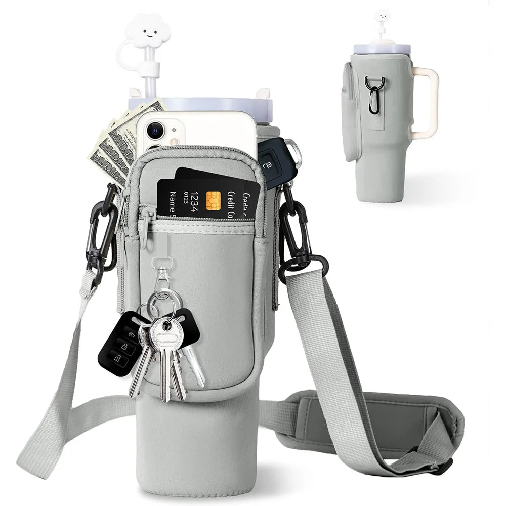 Aiylo Water Bottle Carrier Bag with Phone Pocket for Stanley 40/30 oz Water Bottle Holder Pouch with Straw Cover